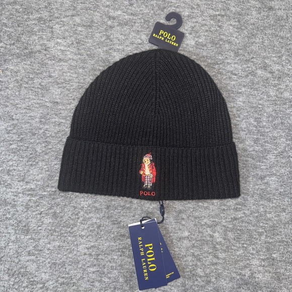 Polo Ralph Lauren Other - Polo Ralph Lauren Holiday Tartan Bear Embroider Rib Beanie Wool Blend Black NEW